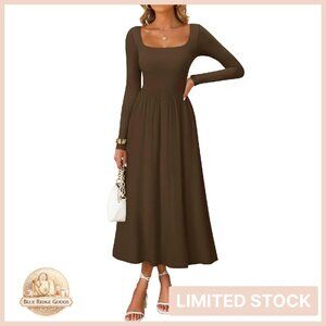 Elegant Square Neck Long Sleeve Midi Dress Flowy Wedding Guest Party Wear